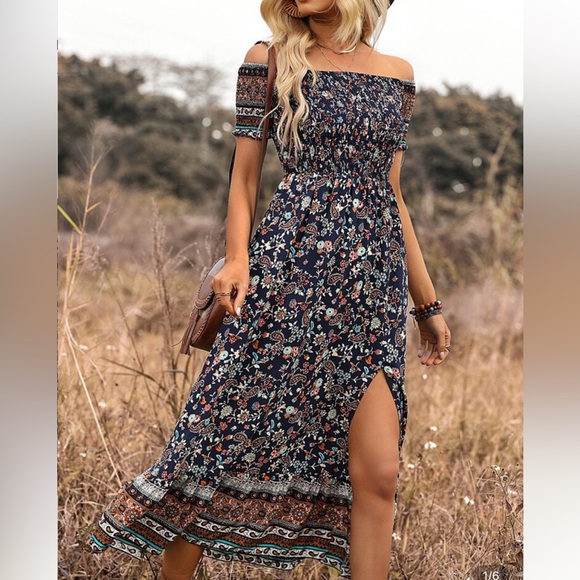 SHEIN Dresses & Skirts - SHEIN Multicolor Floral Smocked Sun Dress With Side Slit